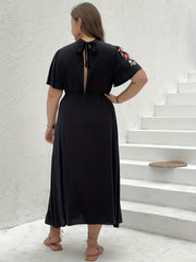  Floral Embroidered Short Sleeve Dress With Cut Out Tie Back