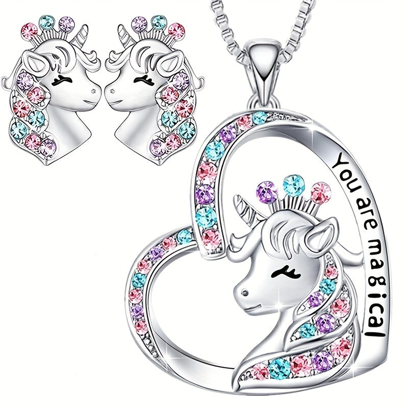 Girl Magical Lucky Unicorn Necklace Earrings Set Kids Accessories