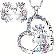 Girl Magical Lucky Unicorn Necklace Earrings Set Kids Accessories