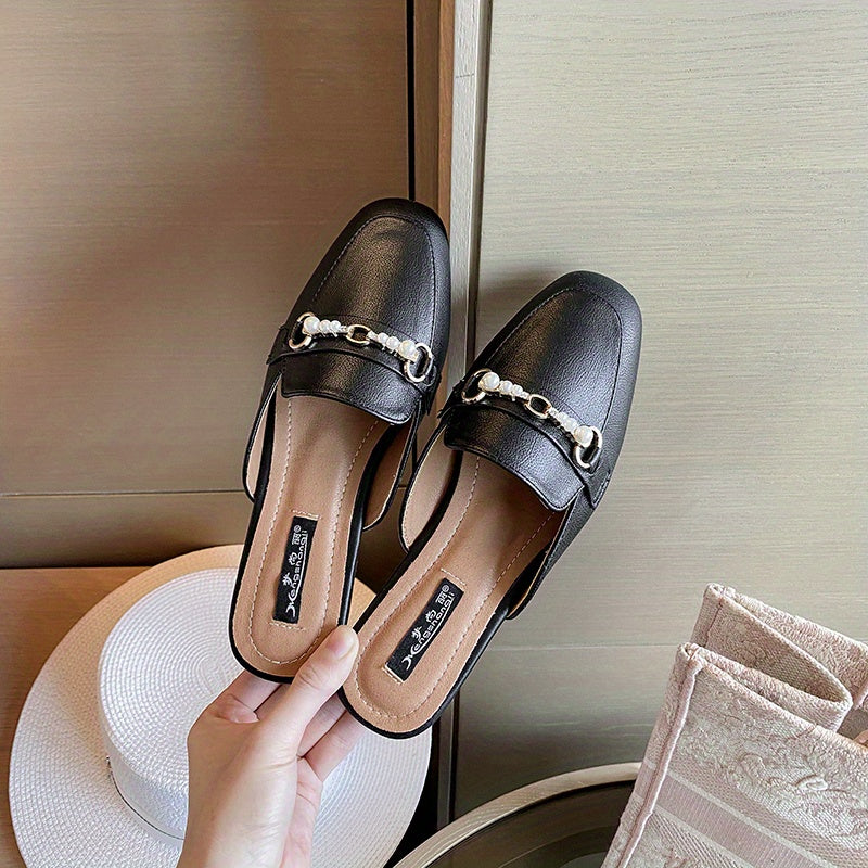 Pearl Chain Square Toe Mules Loafers