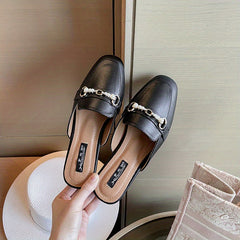 Pearl Chain Square Toe Mules Loafers