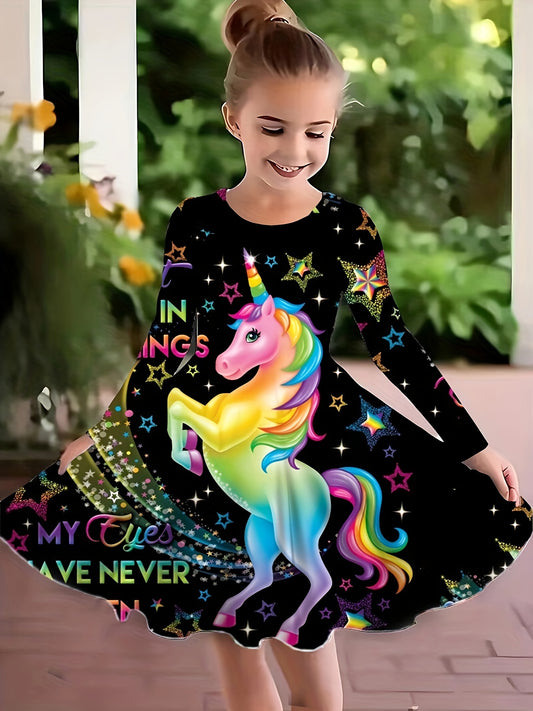 Girls 3D Unicorn & Star Crew Neck Long Sleeve Dress Spring Fall Party Gift