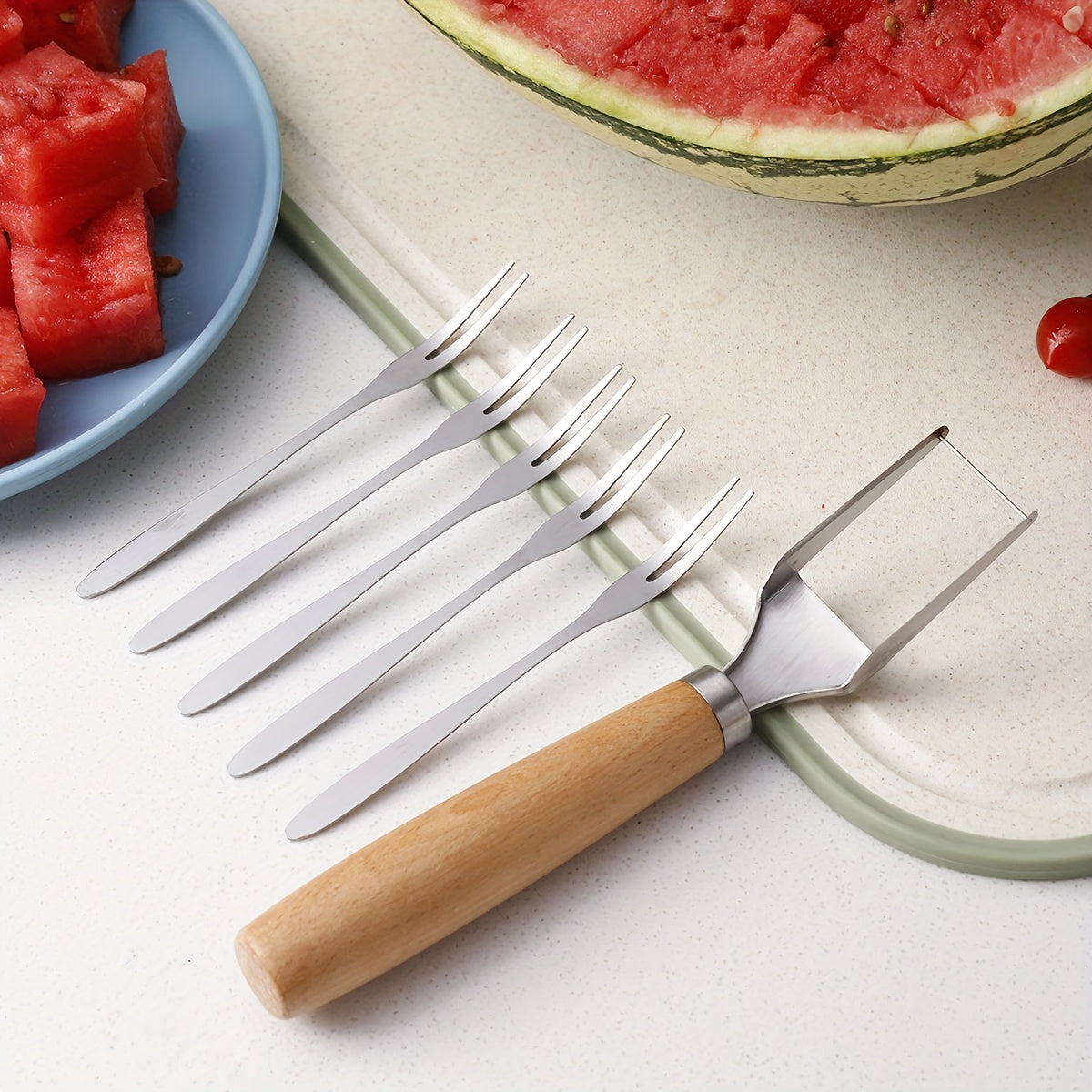 6pcs Watermelon Slicer Set with 5 Forks - Stainless Steel Cutter and Divider