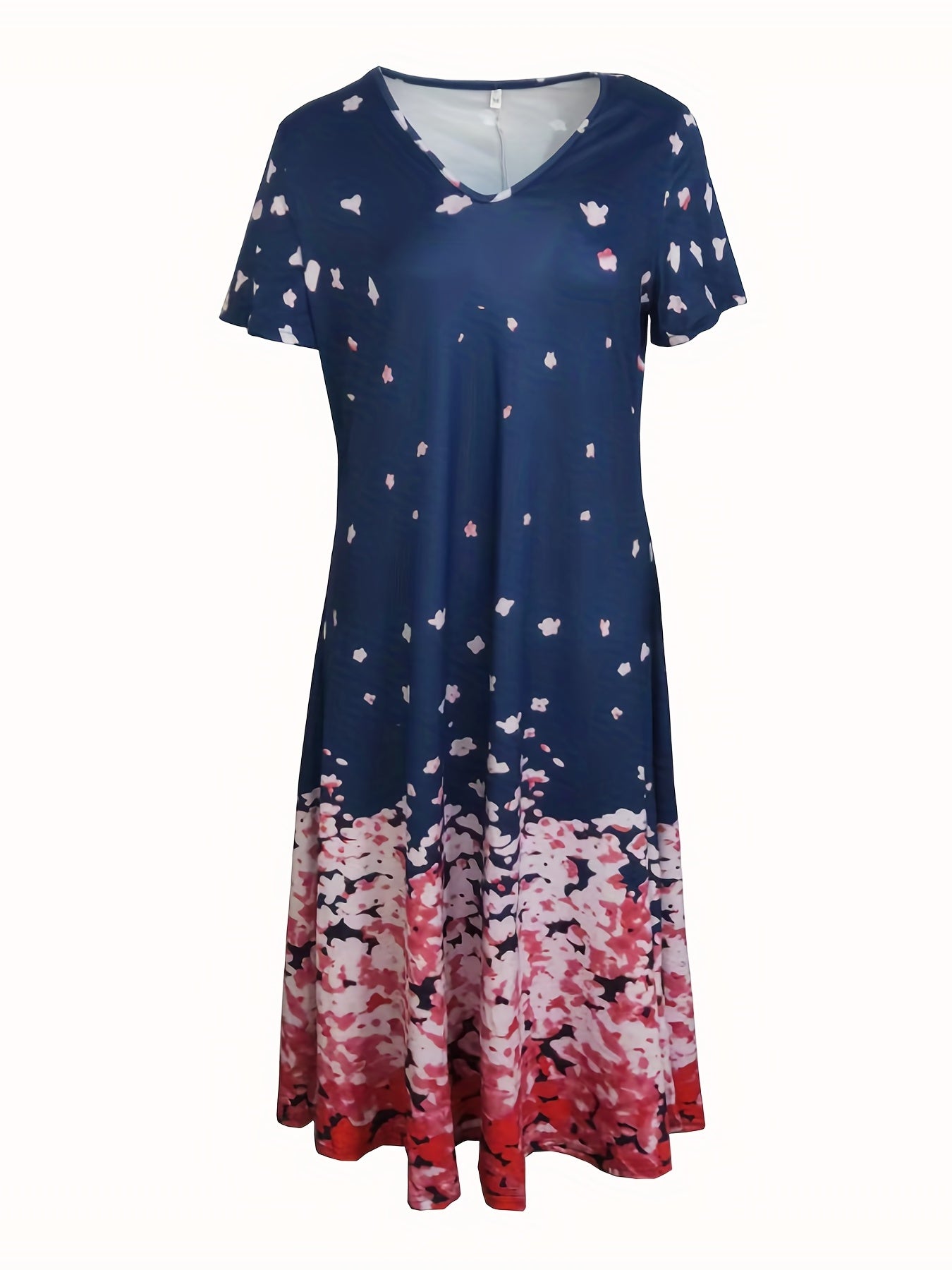 Floral Print V Neck Dress Short Sleeve Casual Summer Dress