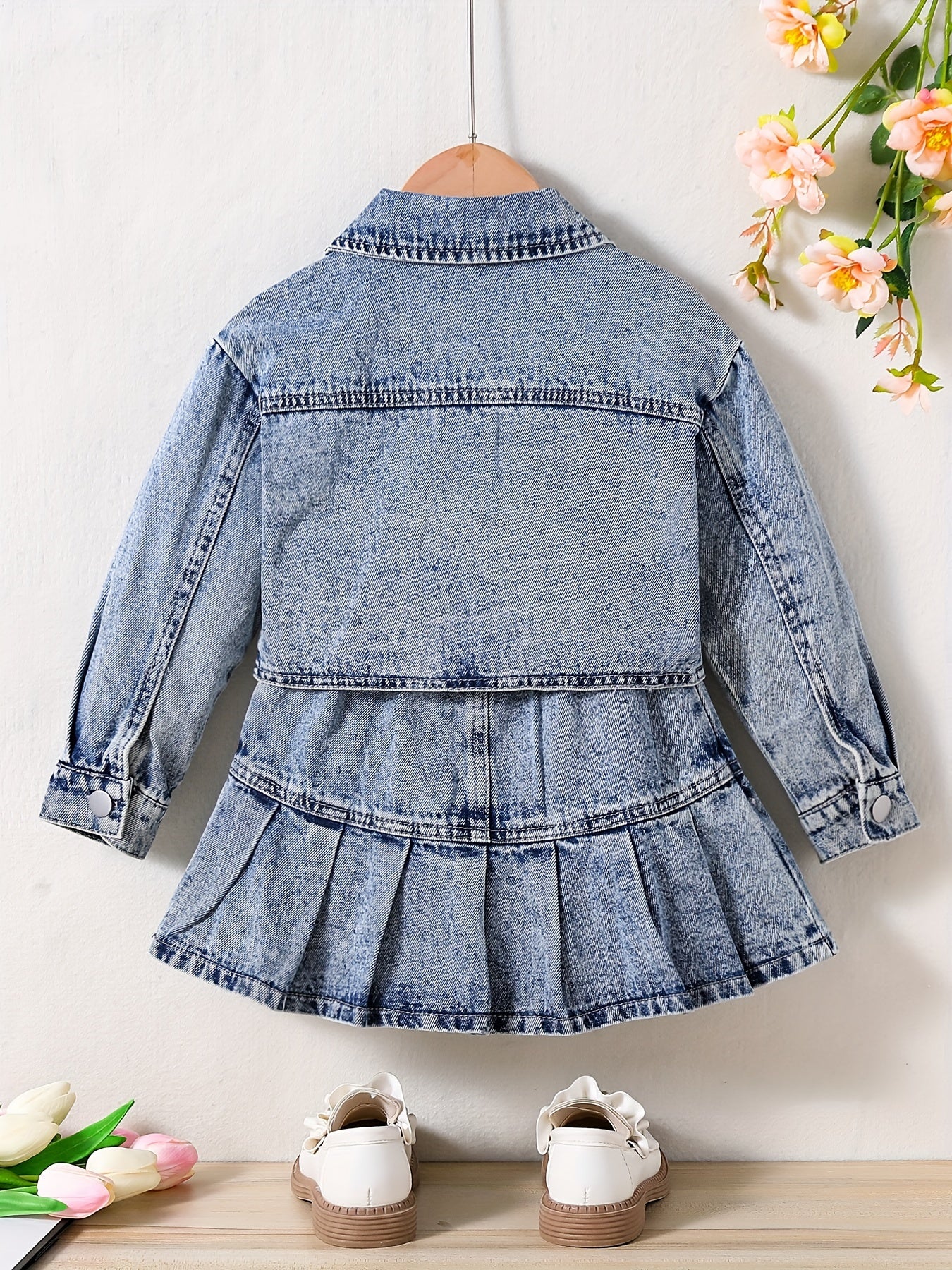 Girl's Denim 2pcs Button Front Jacket & Skirt Set Y2K Style