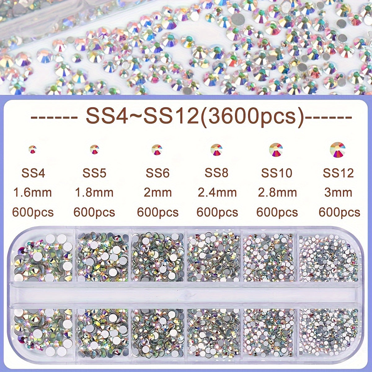 3600pcs AB Nail Art Rhinestones Crystal Gemstones for Nail Accessories