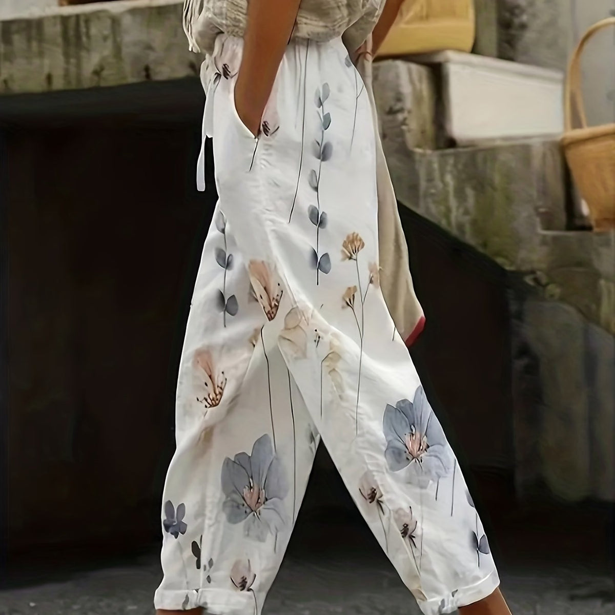 Floral Print Straight Leg Plus Size Casual Pants With Pockets