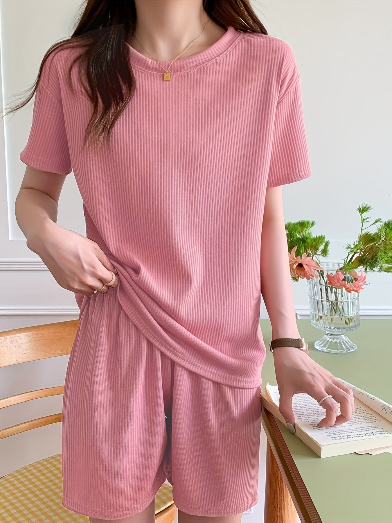 Ribbed Lounge Set Short Sleeve Top & Shorts Women's Loungewear