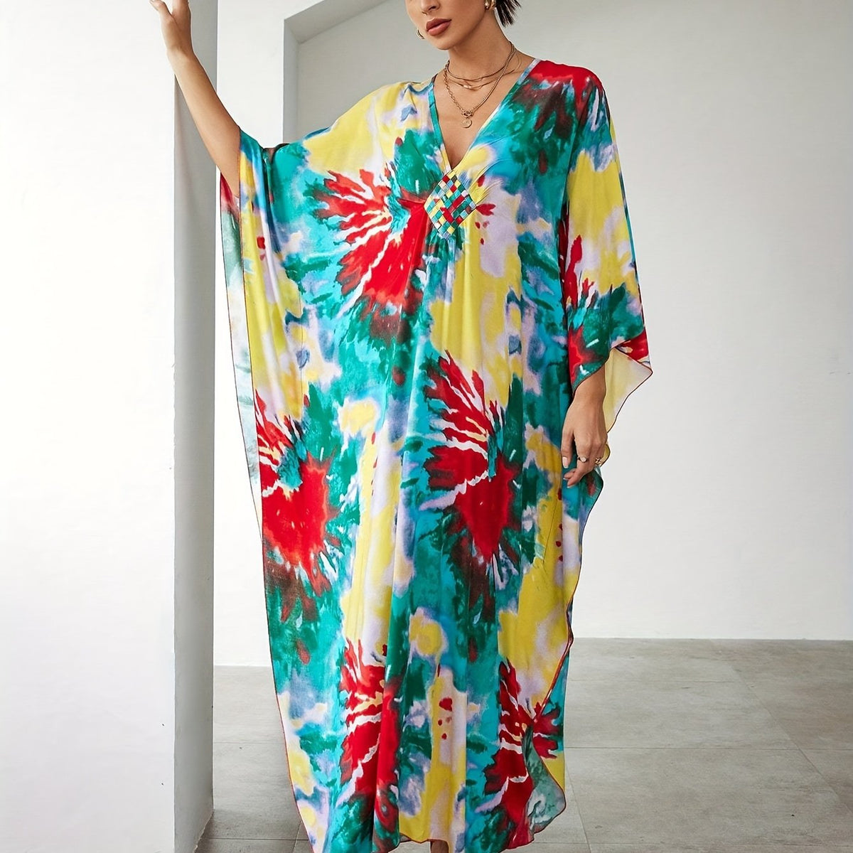  Boho Tie Dye Batwing Beach Cover Up