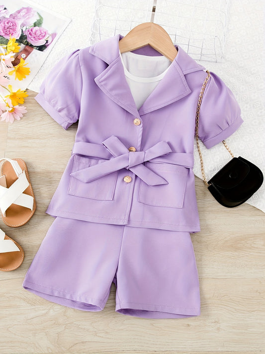 Girl's Puff Sleeve Blazer & Shorts Set Casual Outfits Kids Clothes For Summer