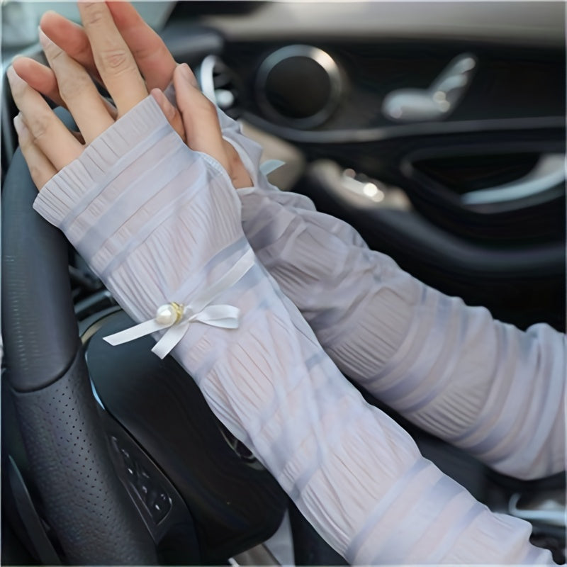 Lace Arm Sleeves Faux Pearl Decor UV Protection Women Gloves