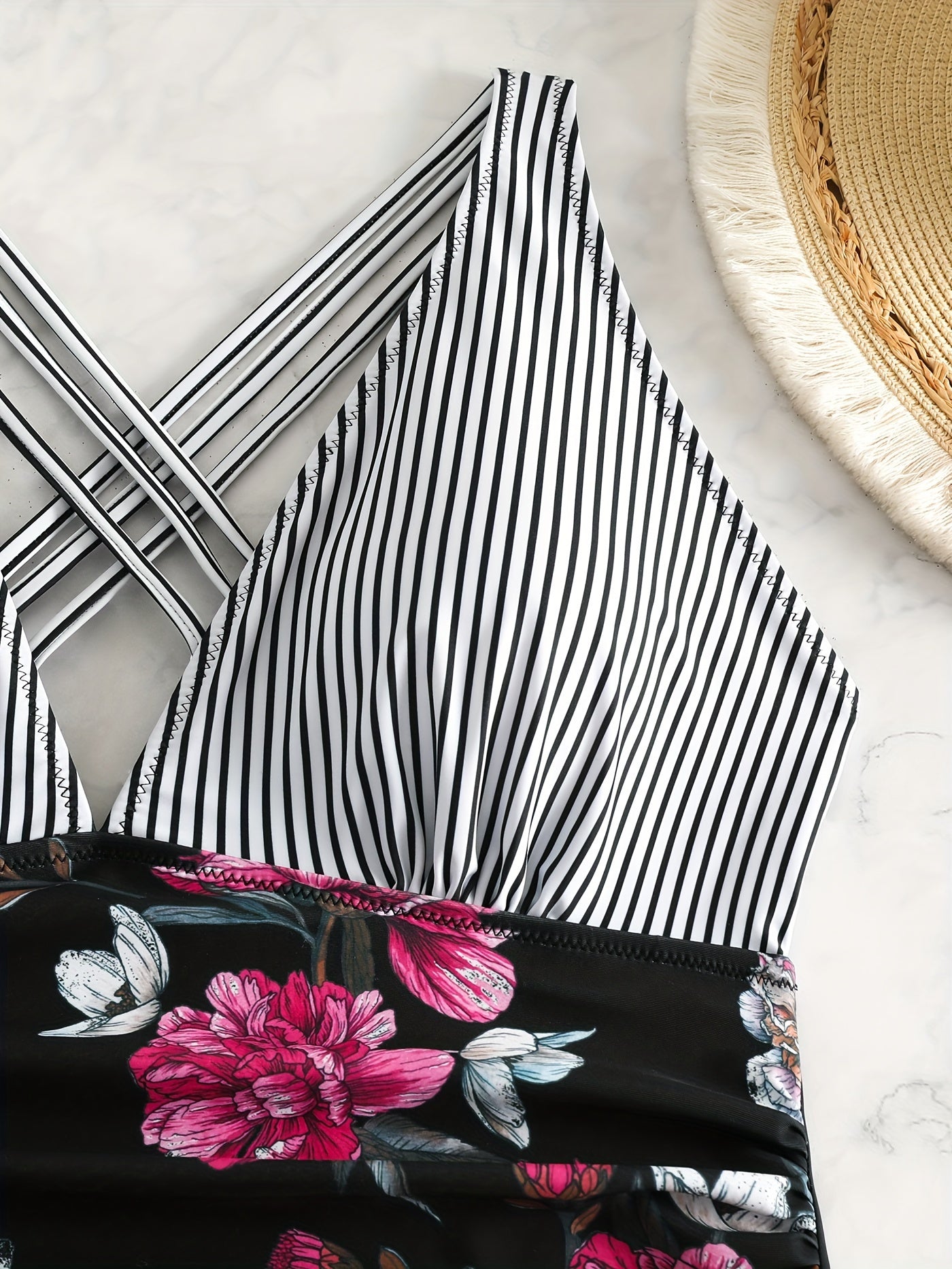  Striped & Floral Print V Neck One Piece Bathing Suit
