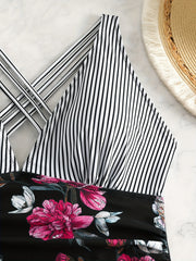  Striped & Floral Print V Neck One Piece Bathing Suit