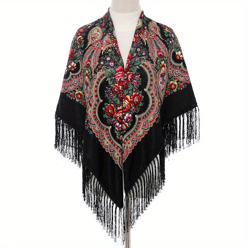 Bohemian Flower Print Square Scarf Vintage Warm Cape Women's Cardigan Wrap