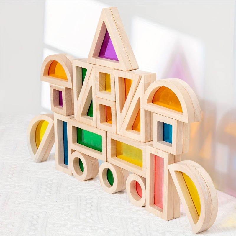 Wooden Building Blocks Castle Construction Toy Set with Light Up Pieces