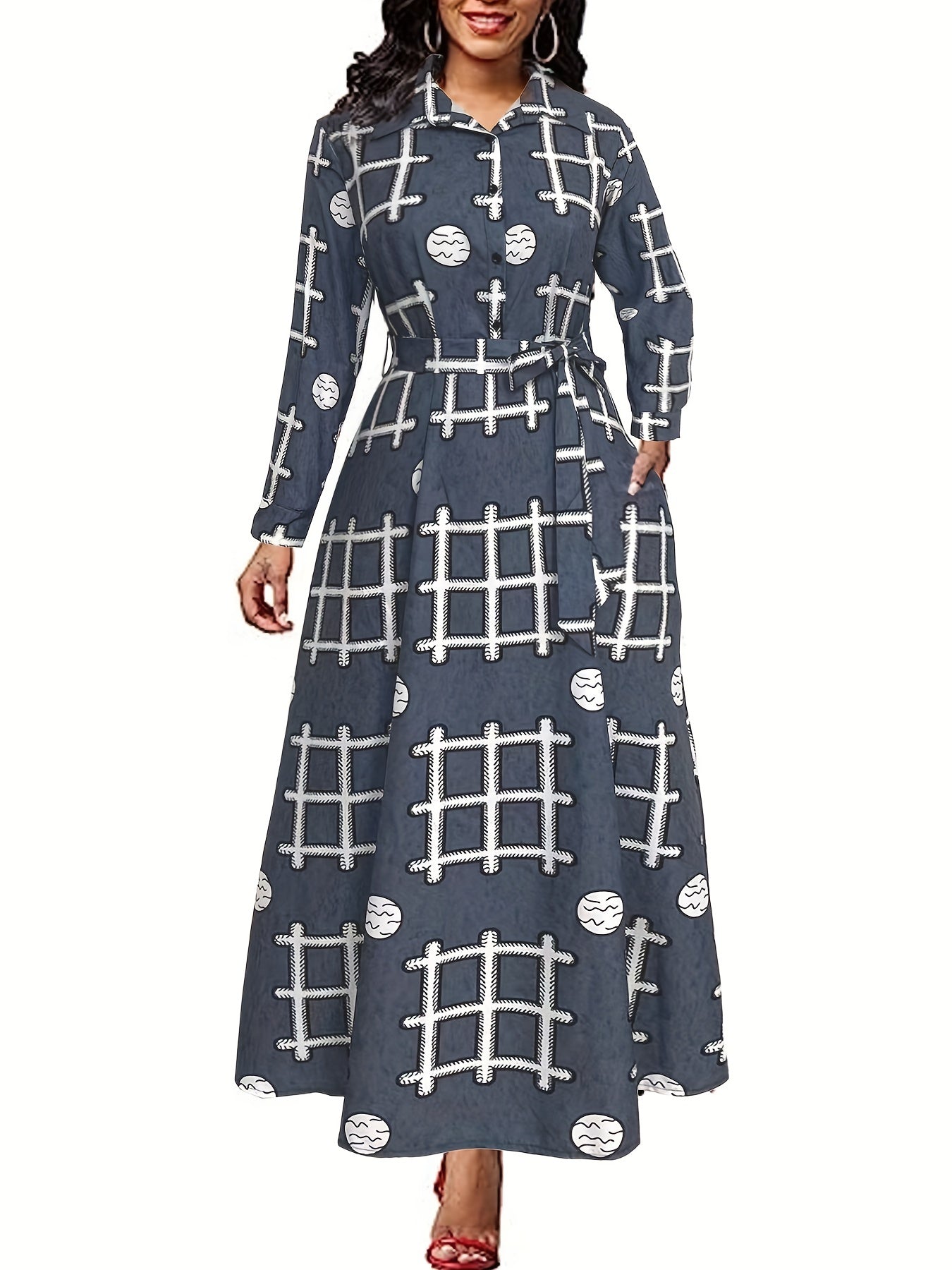 Geometric Print Long Sleeve Belted Dress