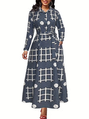 Geometric Print Long Sleeve Belted Dress