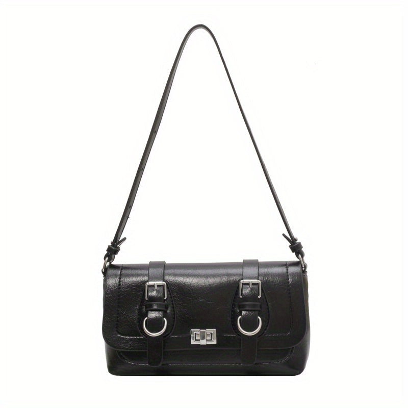 Retro Style Vegan Leather Shoulder Bag Buckle Decor Flap Baguette Bag