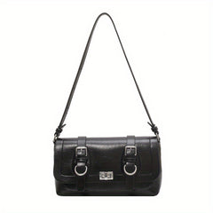 Retro Style Vegan Leather Shoulder Bag Buckle Decor Flap Baguette Bag