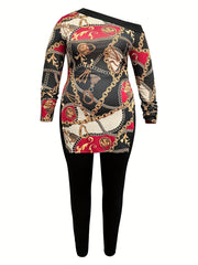  Chain Print One Shoulder Top & Leggings Set