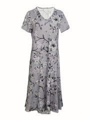 Floral Print V Neck Dress Short Sleeve A Line Summer Dress