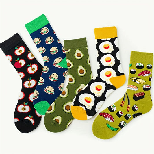 5 Pairs Men's Cartoon Crew Socks All Seasons