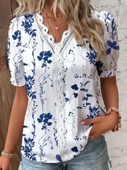  Floral Print Lace Panel Puff Sleeve V Neck Top