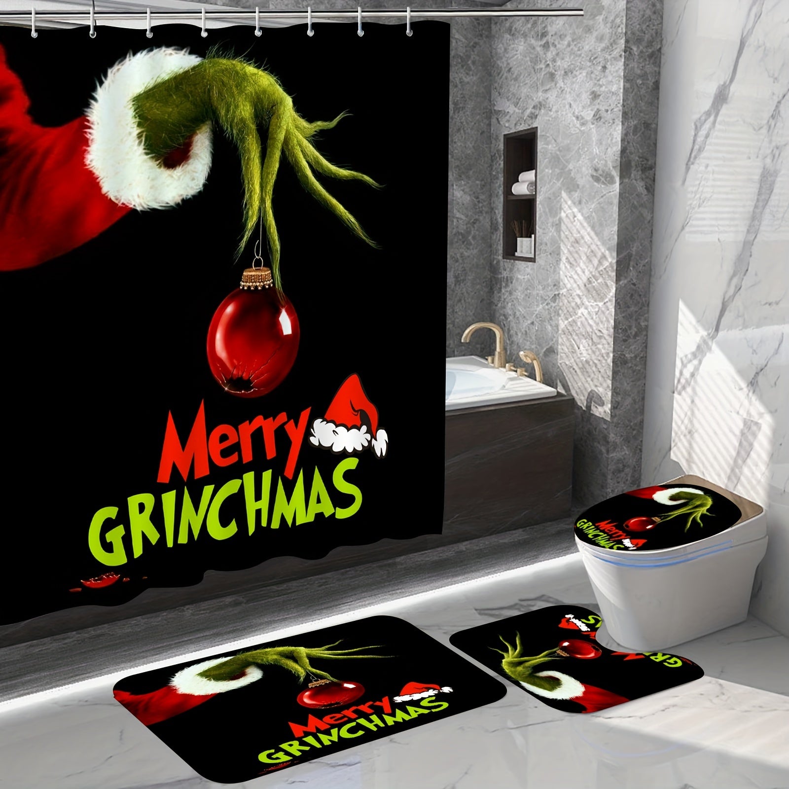 Christmas Shower Curtain Set Holiday Waterproof Removable Shower