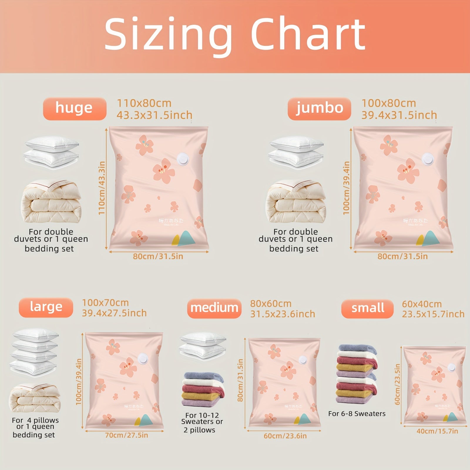 6pcs Vacuum Compression Storage Bag Sealed Organizer for Clothes Blankets