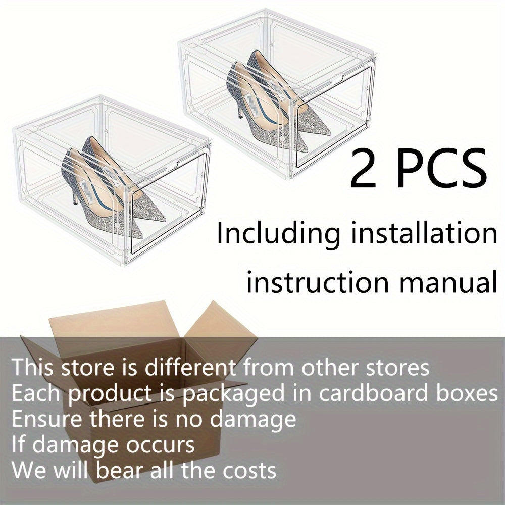2pcs Plastic Transparent Shoes Storage Box - Stackable Organizer