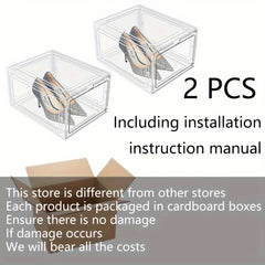 2pcs Plastic Transparent Shoes Storage Box - Stackable Organizer