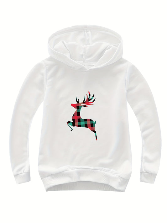 Plaid Reindeer Print Cotton Hoodie for Girls Spring Fall