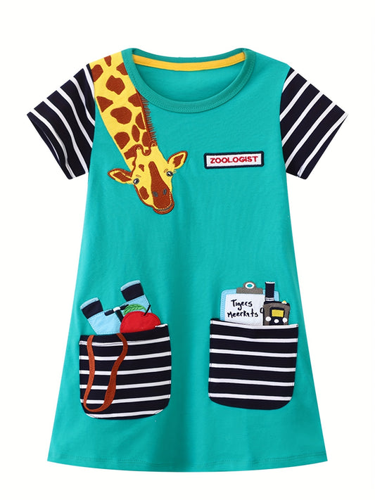 Baby Girls Striped Giraffe Embroidery Dress for Summer