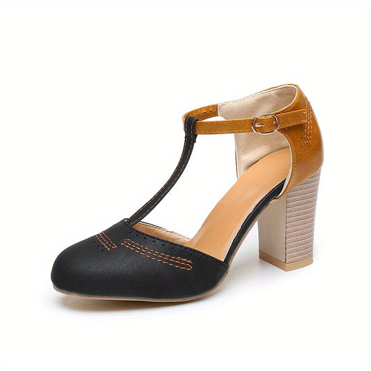 Women's Retro High Heels T-Strap Round Toe Block Heels Shoes