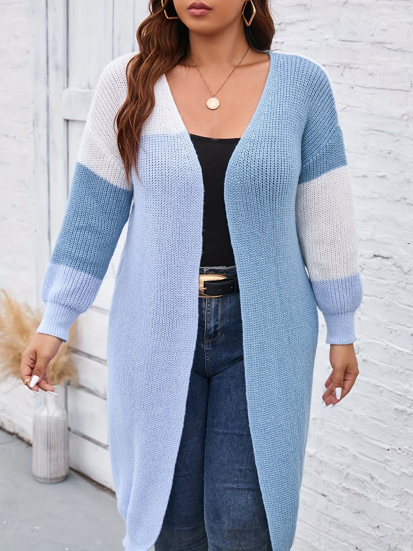  Colorblock Long Sleeve Open Front Cardigan