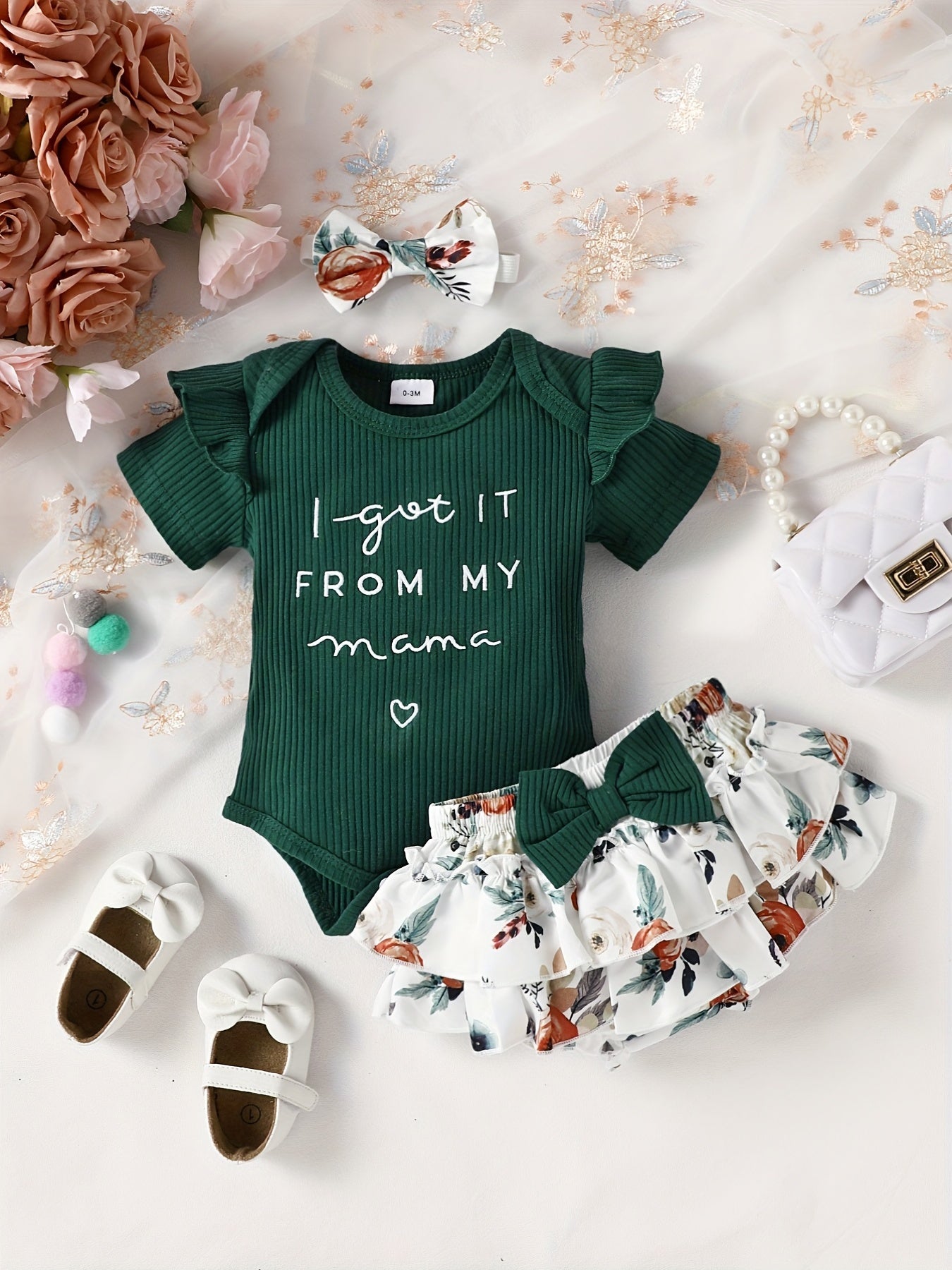 Cute 3-Piece Baby Girl Outfit: 'Mama's Girl' Onesie, Floral Shorts