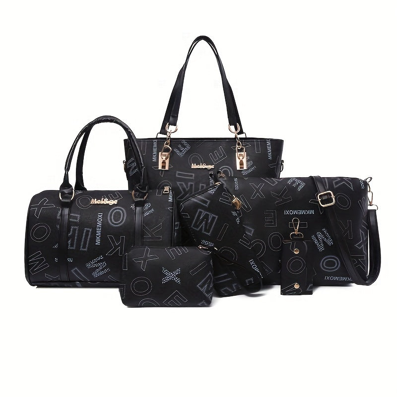 6pcs Retro Letter Print Bag Set Tote Crossbody Clutch