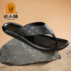 LAORENTOU Men's Leather Flip Flops with Arch Support Casual Floral Thong