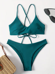 Dark Green Criss Cross Tie Back Bikini Swimsuit