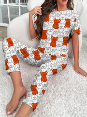 Bear Print Pajama Set Short Sleeve Crew Neck Top & Pants Women's Loungewear