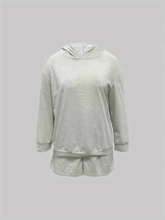  Solid Long Sleeve Hoodie & Shorts Outfits Set