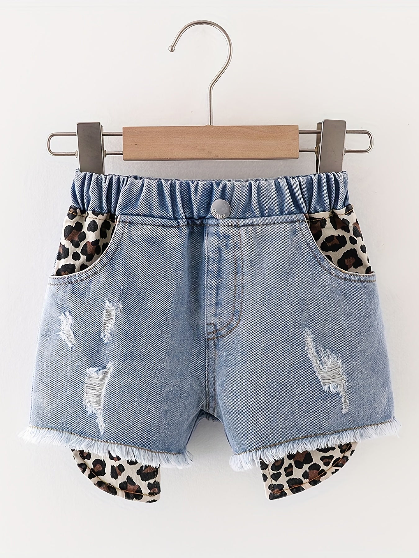 Girls Distressed Leopard Pattern Denim Shorts Kids Summer Beach Pants