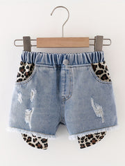 Girls Distressed Leopard Pattern Denim Shorts Kids Summer Beach Pants