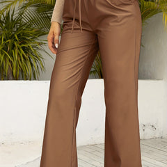  Solid Elastic Drawstring High Rise Straight Leg Trousers