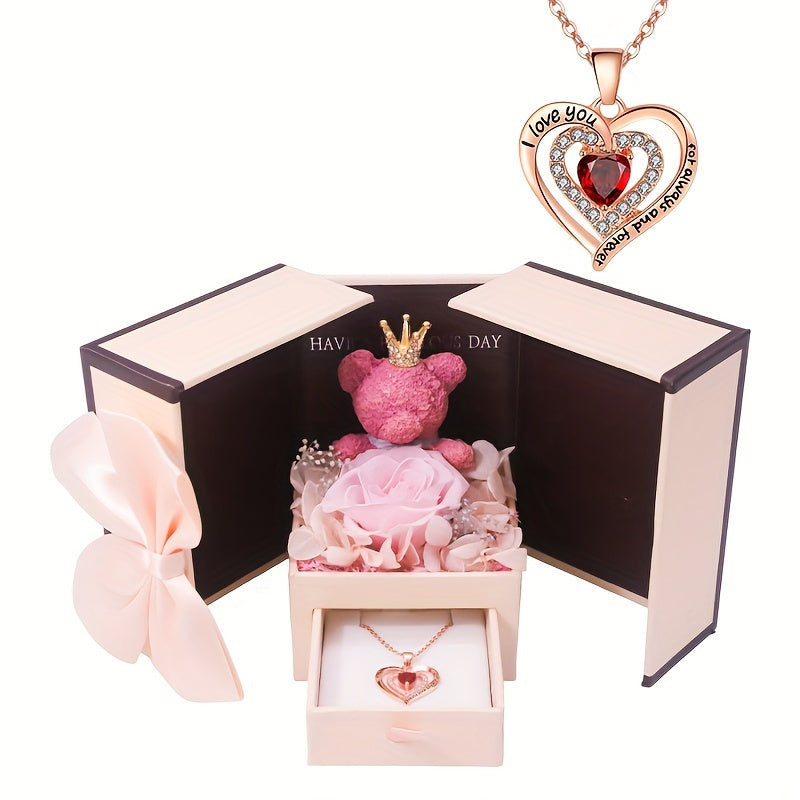 Rose And Bear Flower Love Necklace Birthday Gift