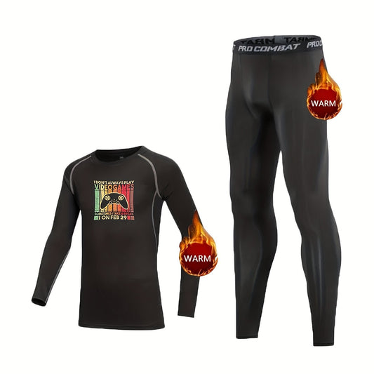 Kids Fleece Lined Compression Sports Set Gamepad Print Top & Leggings