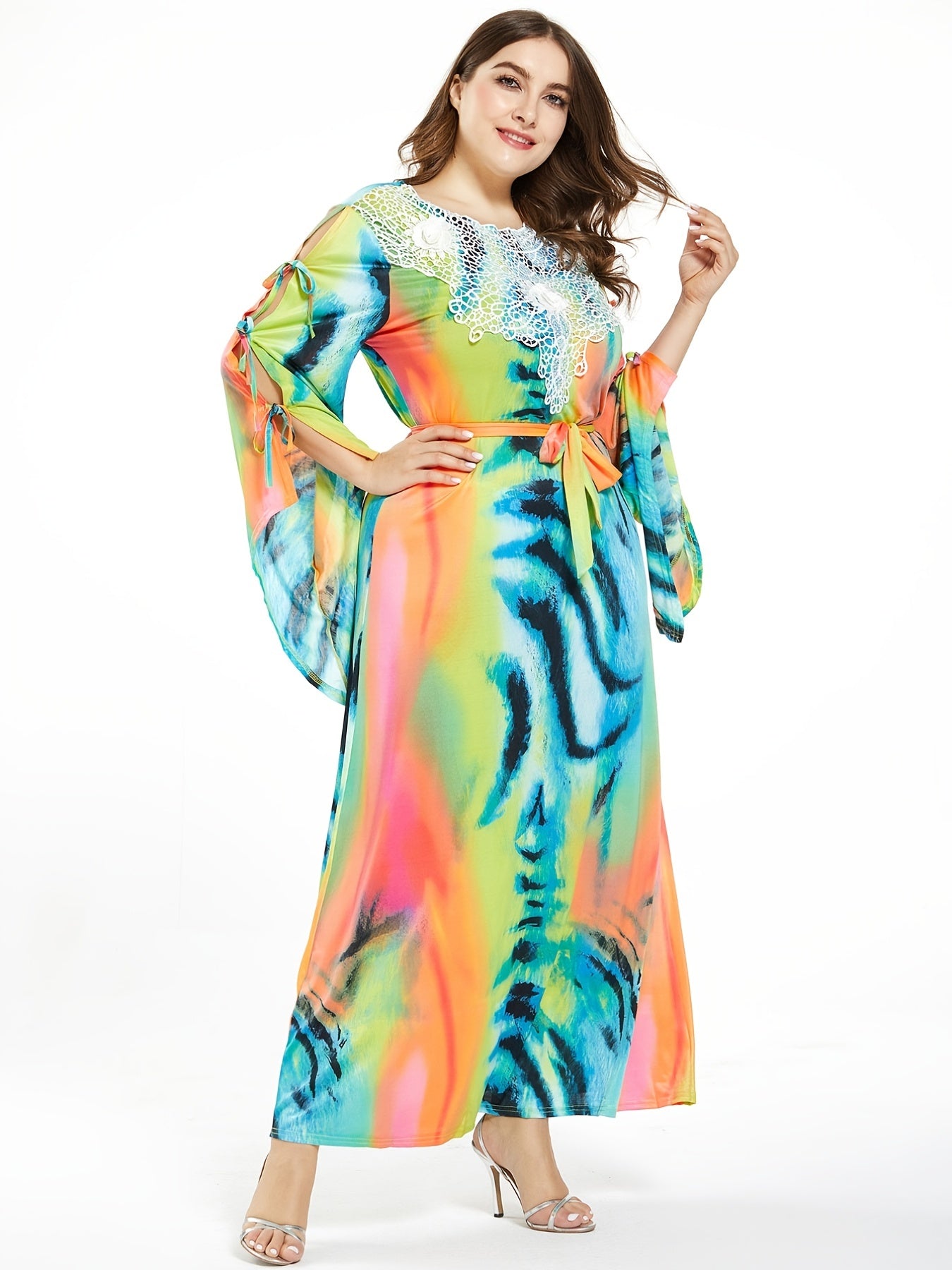  Tie Dye Lace Knot Maxi Dress Women's Plus Medium Stretch Boho Long Dre