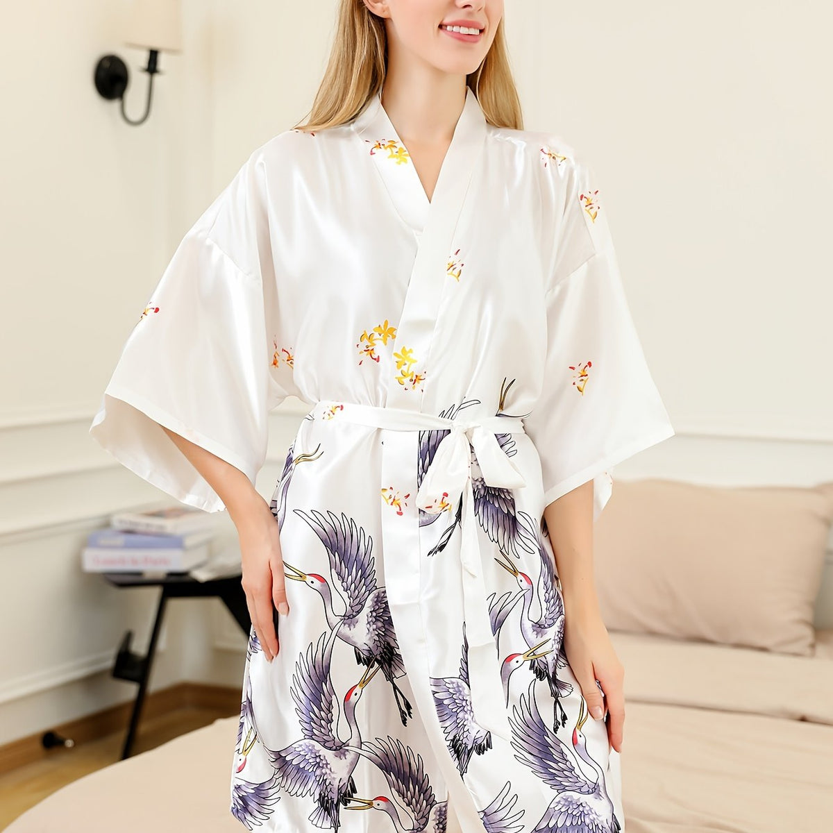 Crane Print Night Robe 3 4 Sleeve V Neck Robe With Belt
