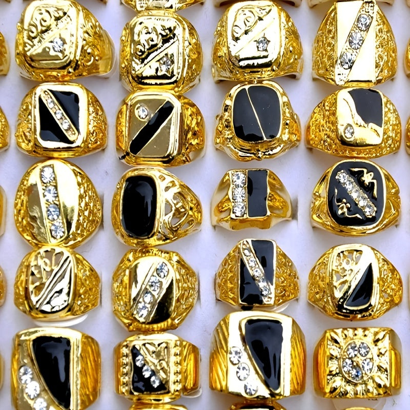 Vintage Classic Golden Crystal Metal Ring Wide Wedding Party Men Jewelry