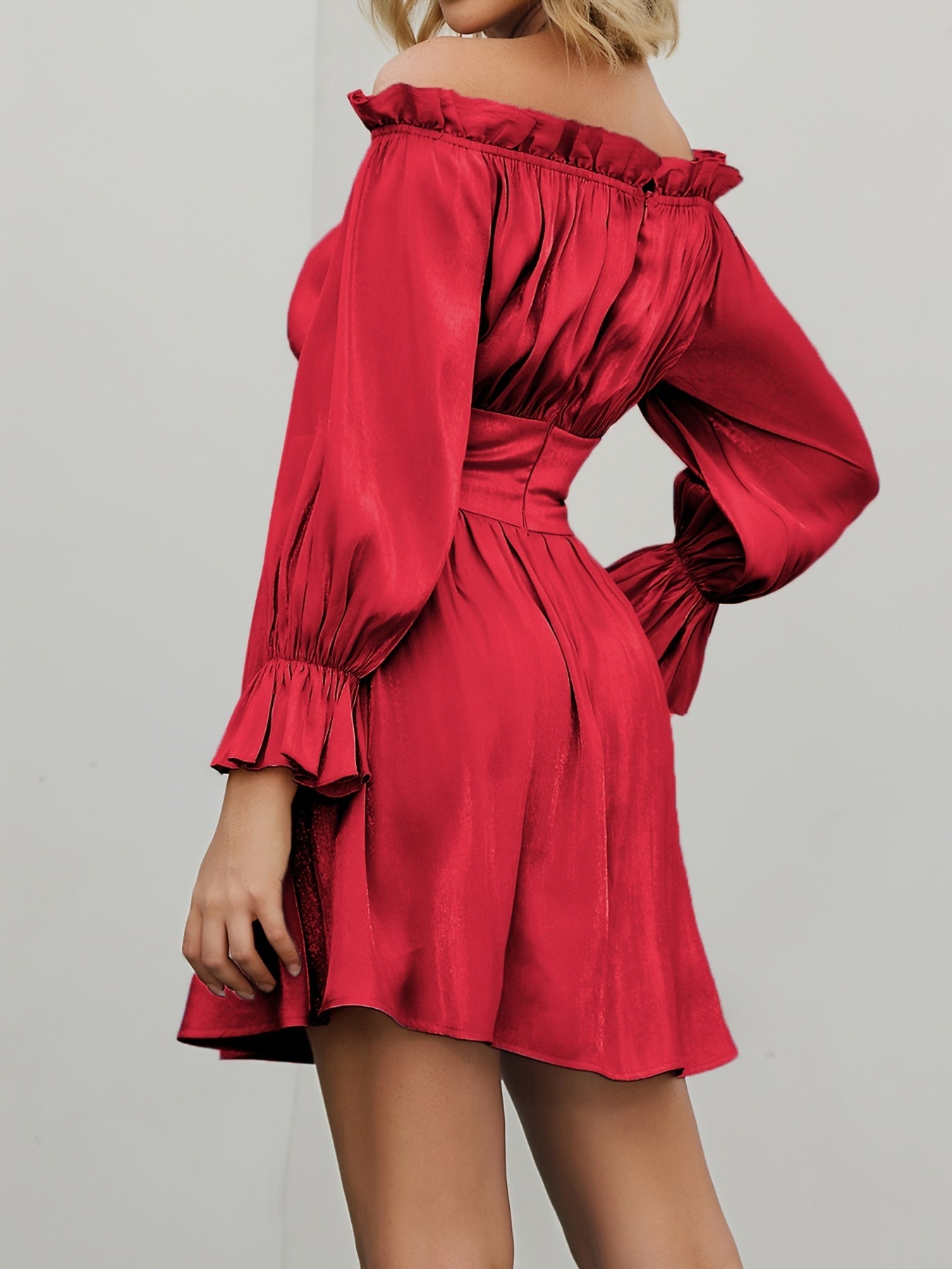 Off Shoulder Lantern Sleeve Bridesmaid Dress Ruffled Trim Pleated Mini Dress
